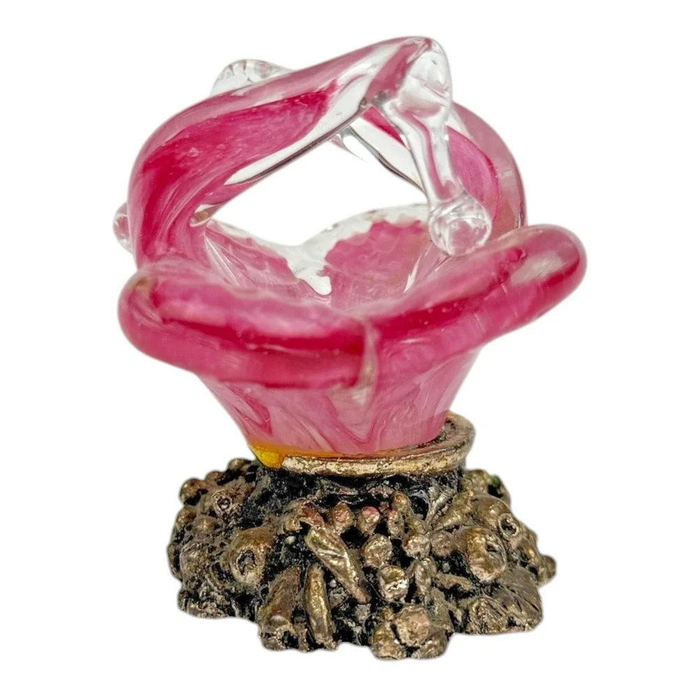 Murano Glass MCM Mini Pink Flower with Metal Base Italy Mid Century Decor‎